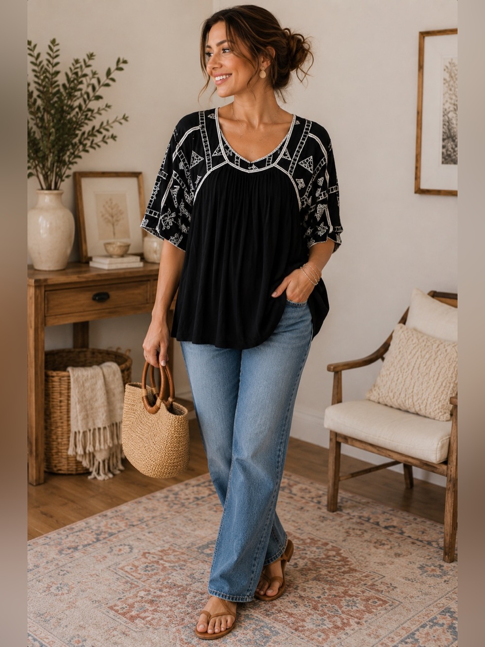 Westbound Black Embroidered Boho Peasant Blouse White Stitch Medium Petite